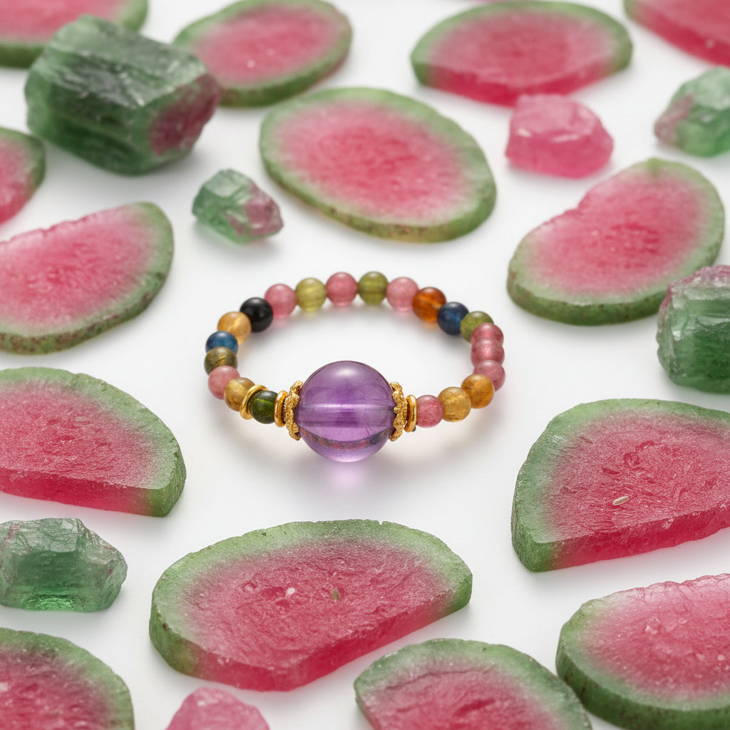 TOURMALINE STRETCH RING AMETHYST ACCENT