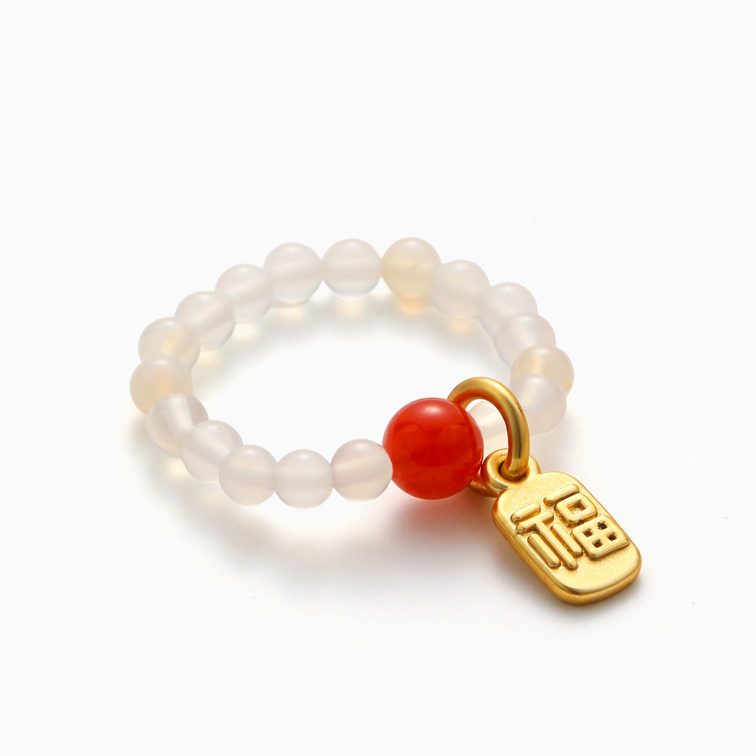 WHITE AGATE STRETCH RING WITH GOLD PLATED FORTUNE CHARM