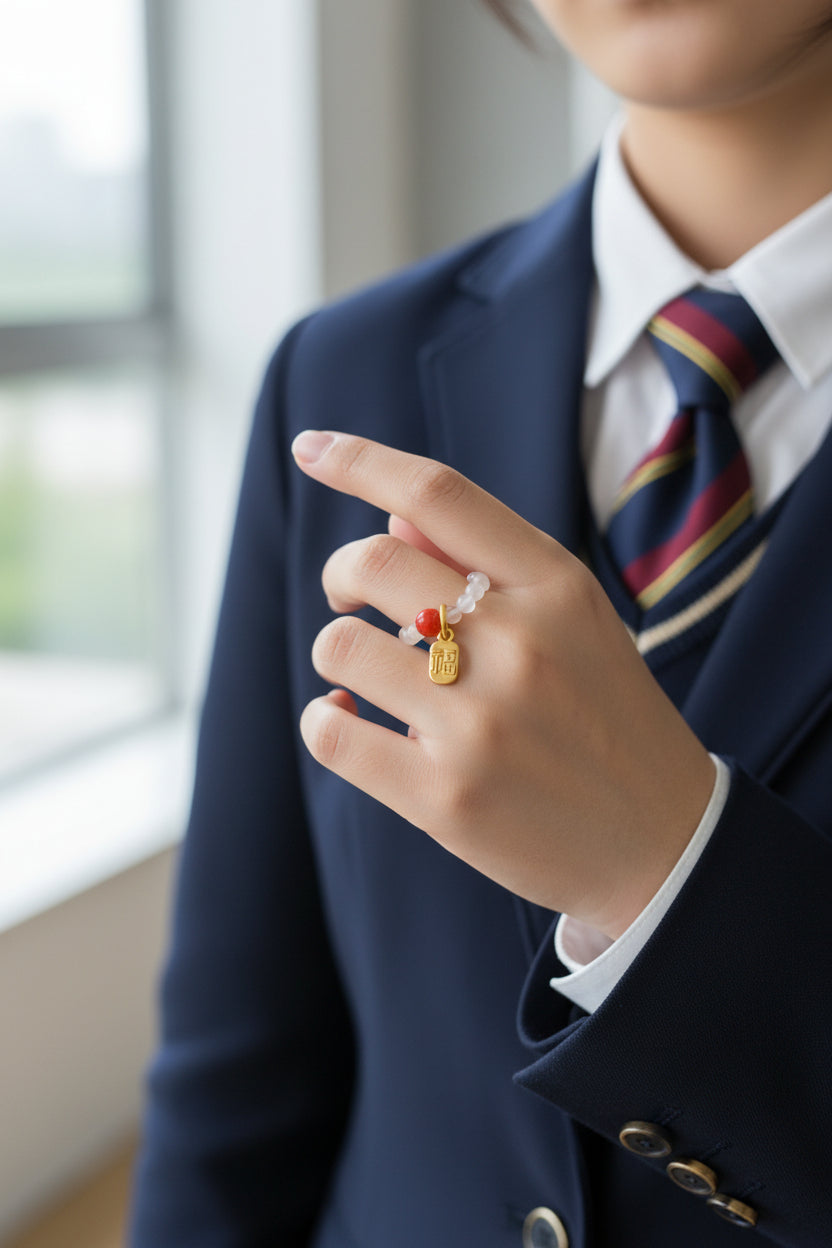 WHITE AGATE STRETCH RING WITH GOLD PLATED FORTUNE CHARM