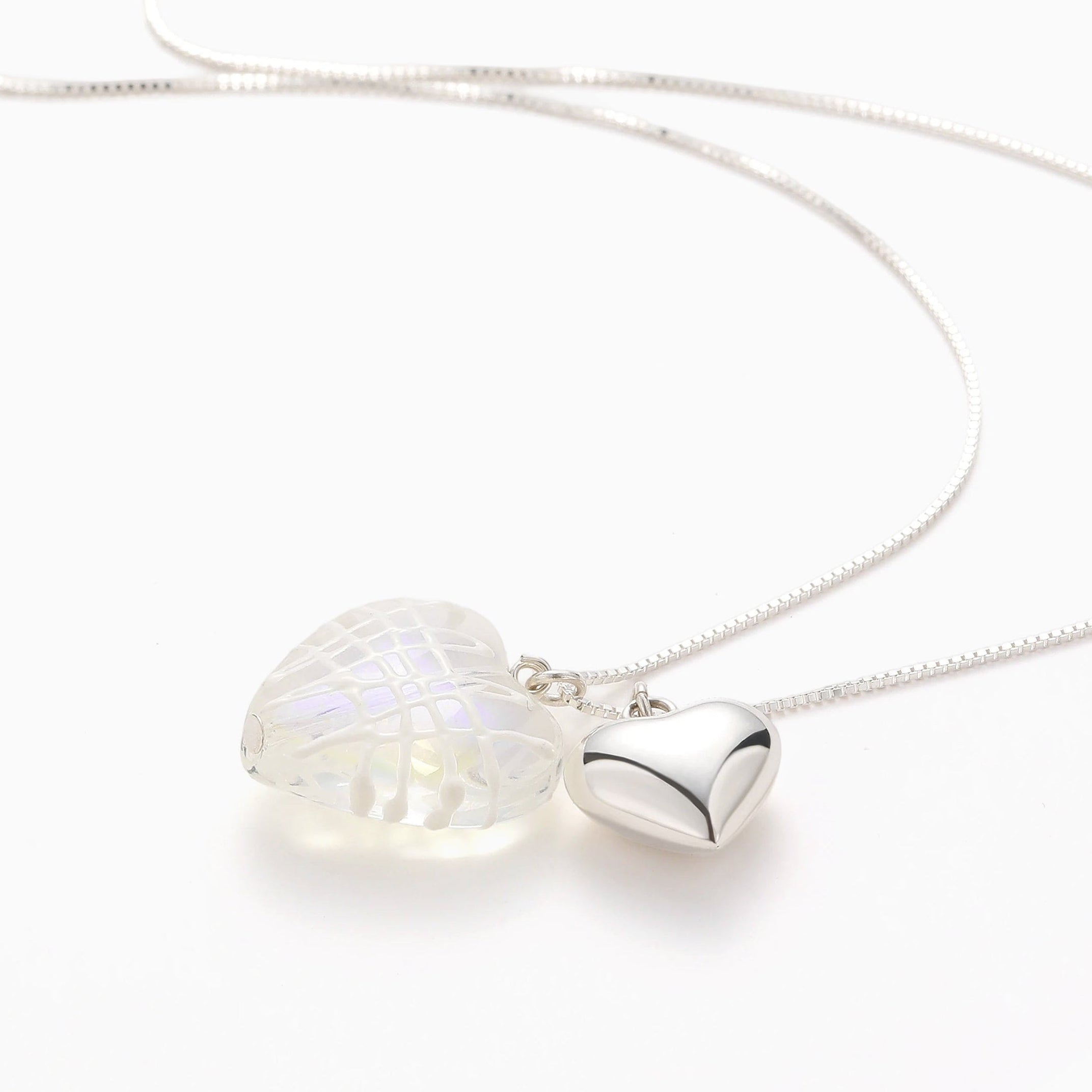 SILVER AND GLASS DOUBLE HEART PENDANT NECKLACE