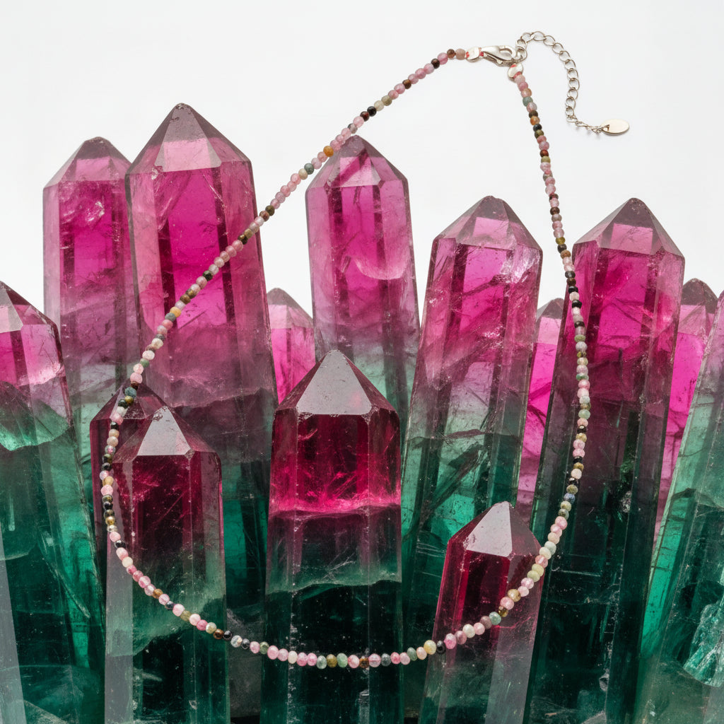 WATERMELON TOURMALINE RAINBOW BEAD NECKLACE
