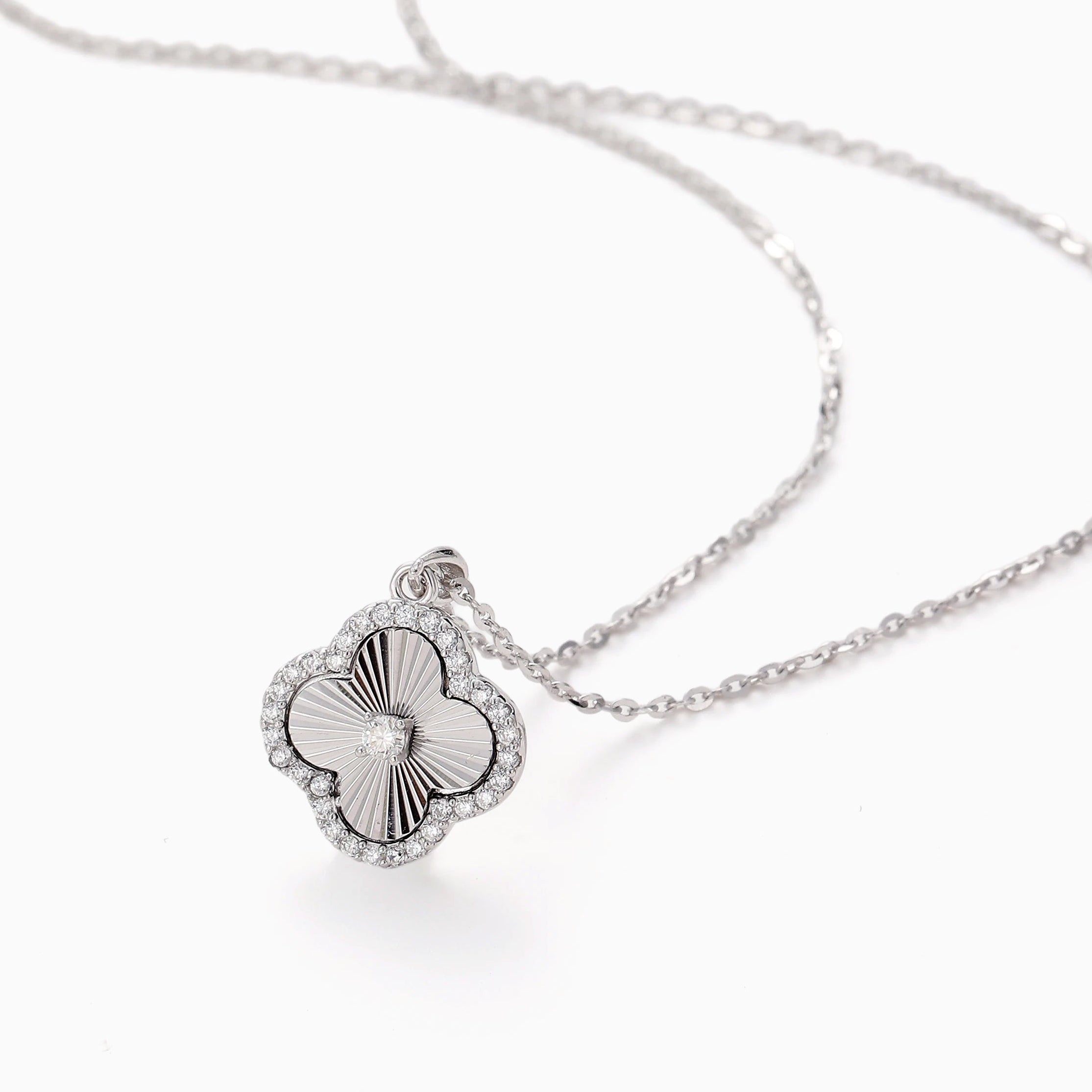 RADIANT SUNBURST CLOVER WITH PAVE MOISSANITE HALO PENDANT NECKLACE