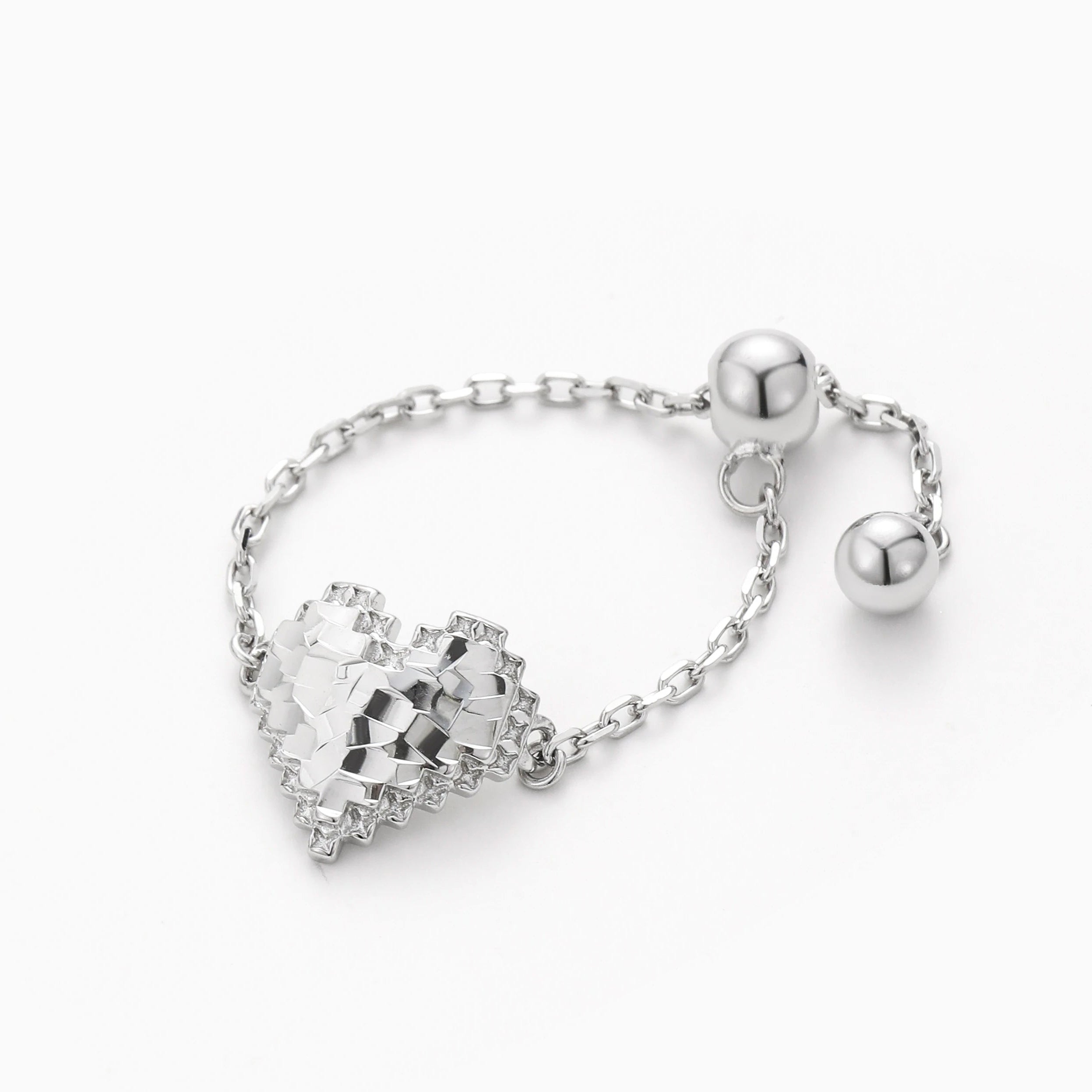 LASER CUT HEART CHAIN RING WITH BEADED ADJUSTABLE CHAIN