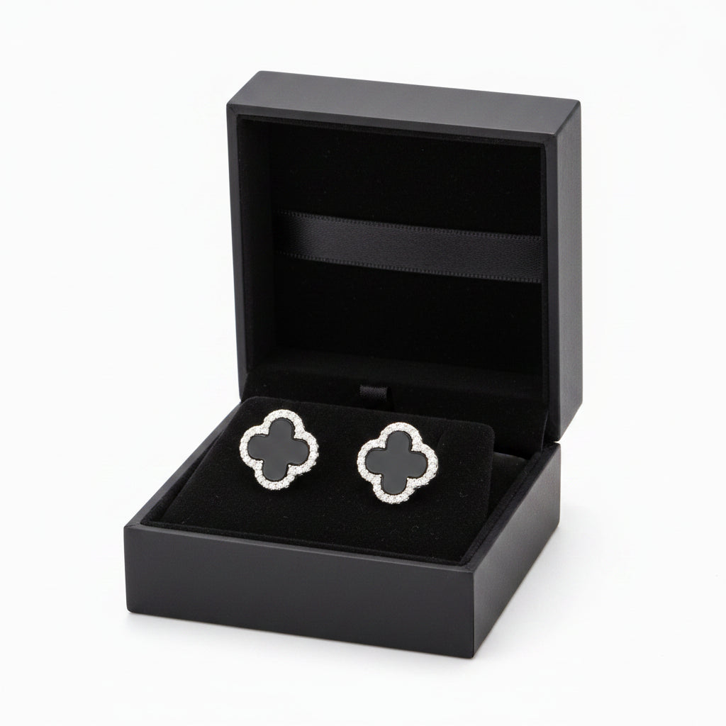 BLACK AGATE CLOVER MOISSANITE PAVÉ EARRINGS S925 STERLING SILVER