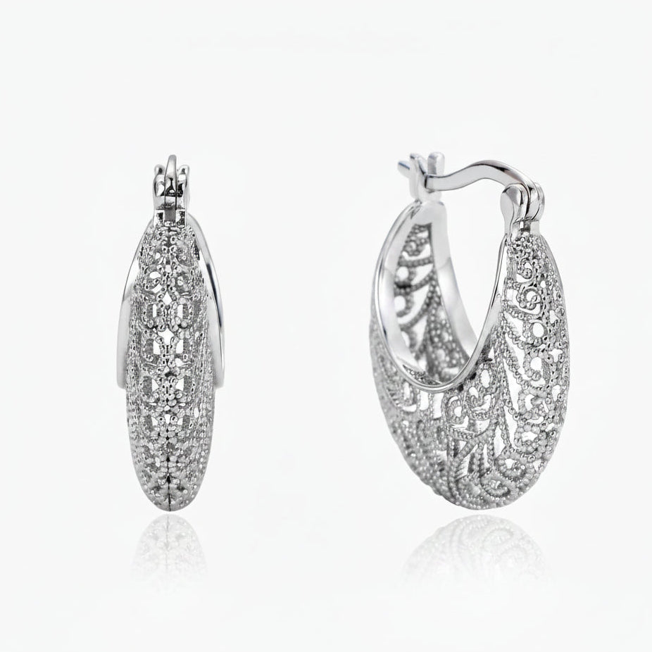 Filigree Crescent Hoop Earrings in Sterling Silver, view 2