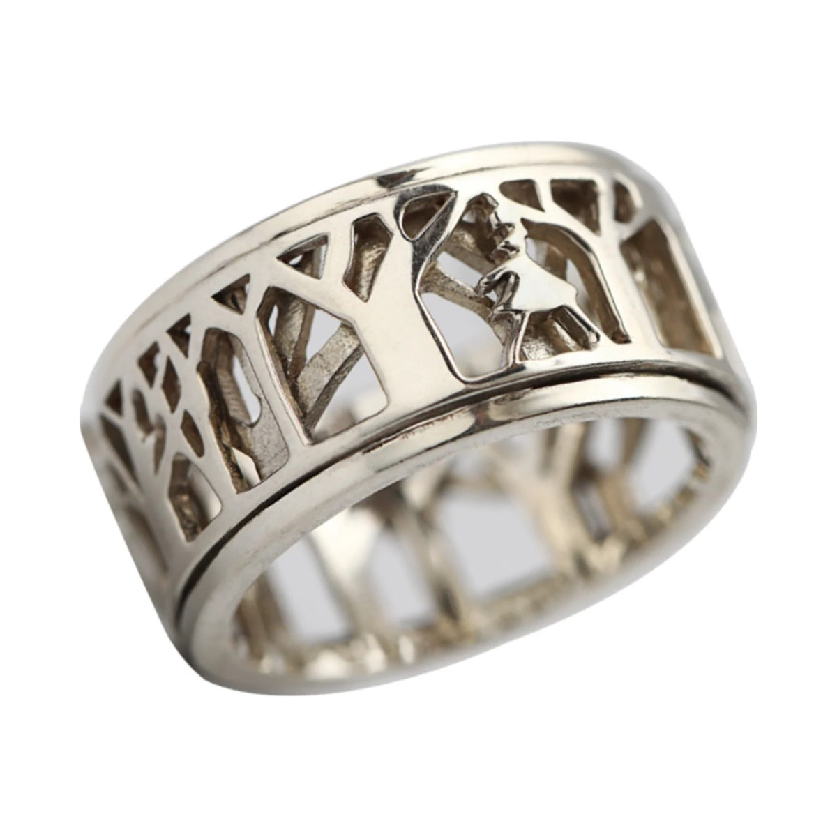 LADY IN NATURE SILVER MEDITATION SPINNER RING, FOREST CUTOUT DESIGN