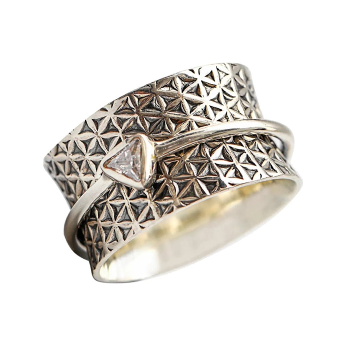 TRILLIAN SILVER MEDITATION SPINNER RING, GEOMETRIC TEXTURED BAND