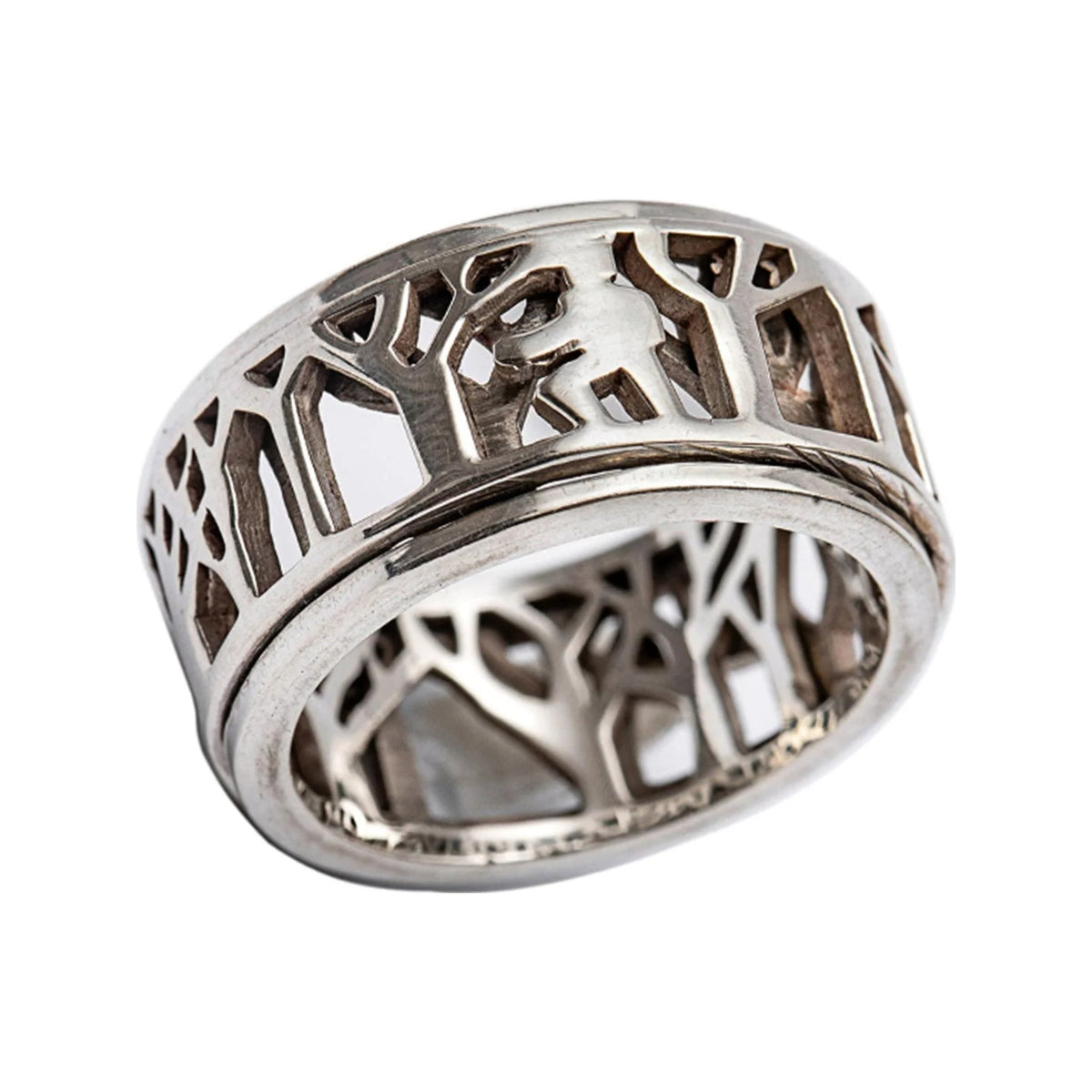 MAN IN NATURE SILVER MEDITATION SPINNER RING, FOREST CUTOUT DESIGN
