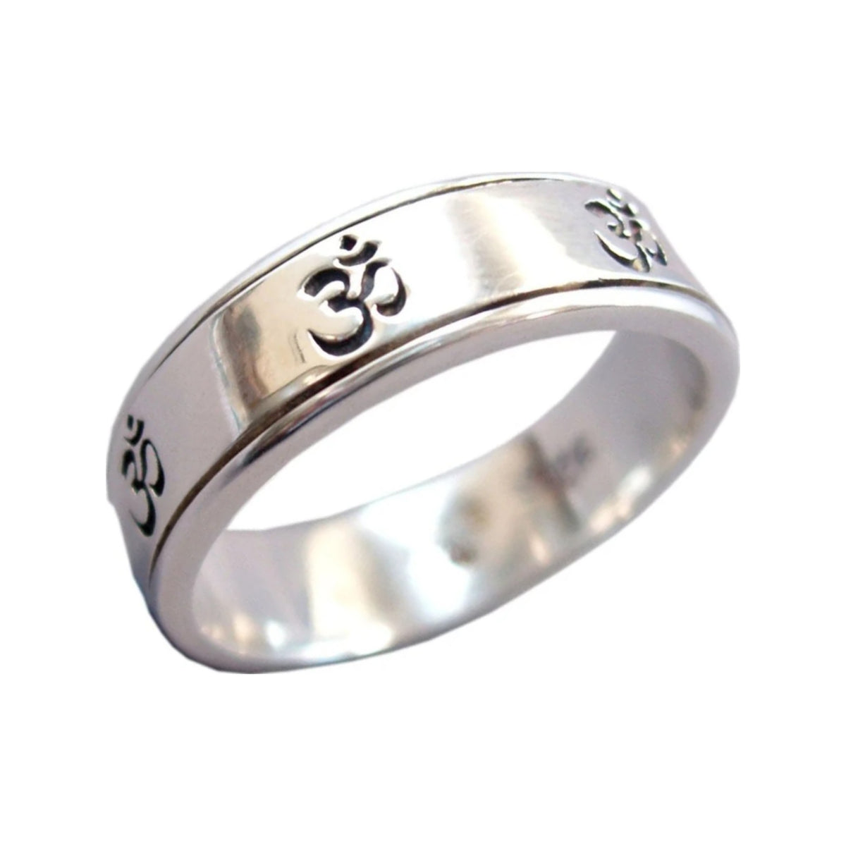 SEVEN OM SILVER MEDITATION SPINNER RING, NARROW BAND