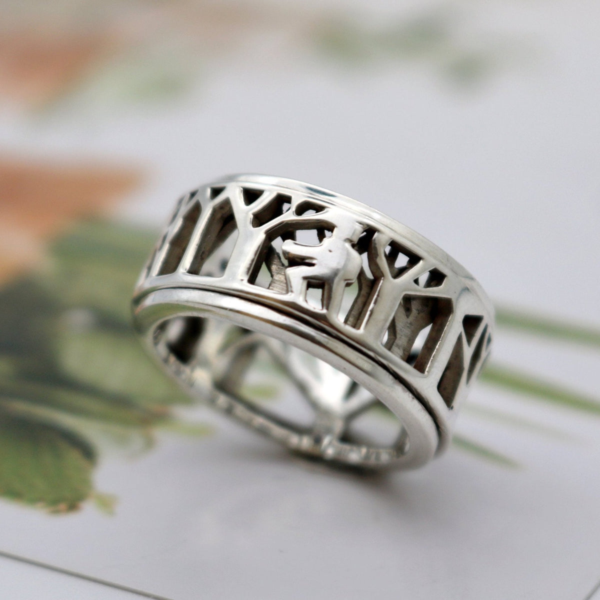 MAN IN NATURE SILVER MEDITATION SPINNER RING, FOREST CUTOUT DESIGN