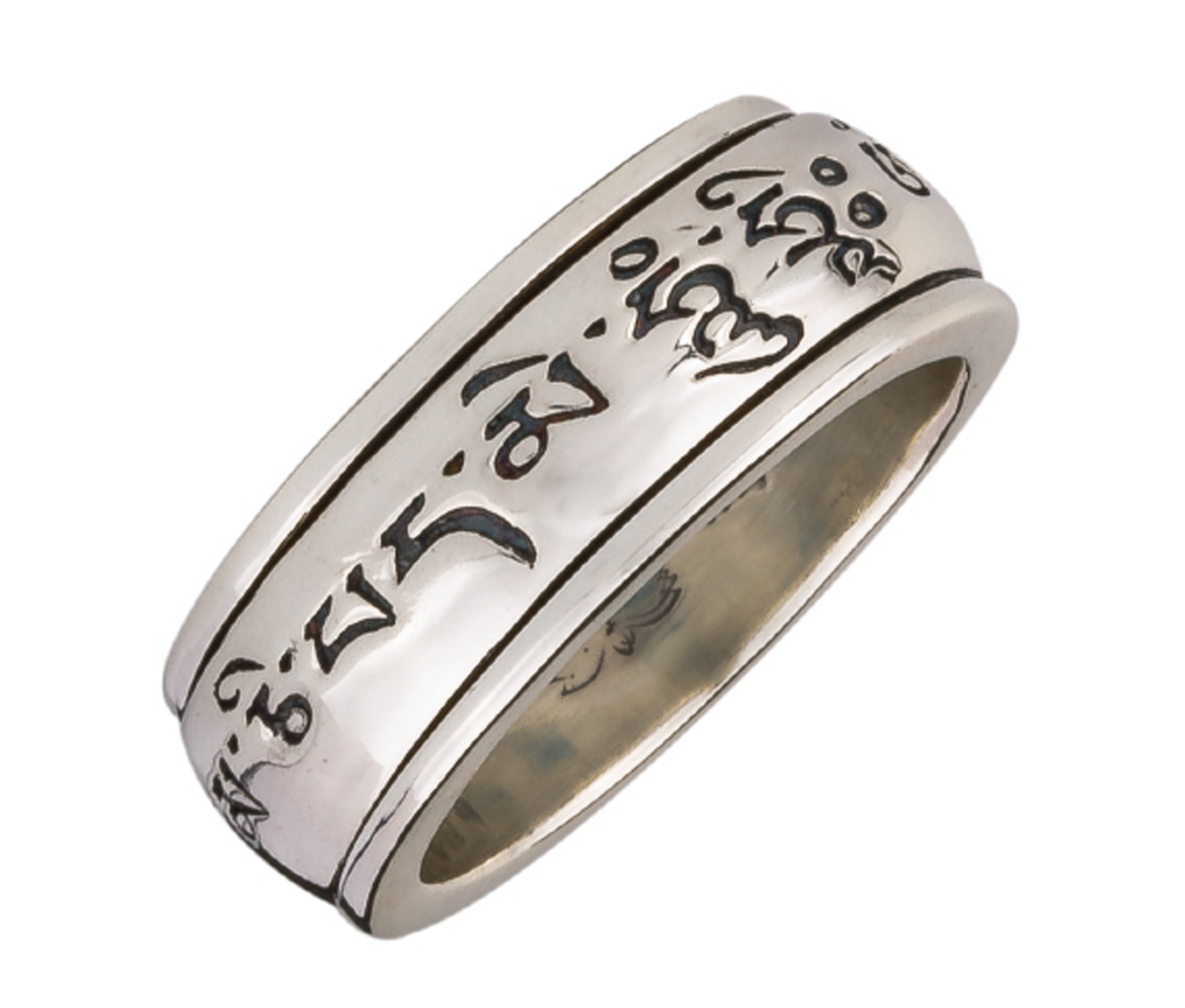 MANTRA SILVER MEDITATION SPINNER RING, OM MANI PADME HUM ENGRAVED