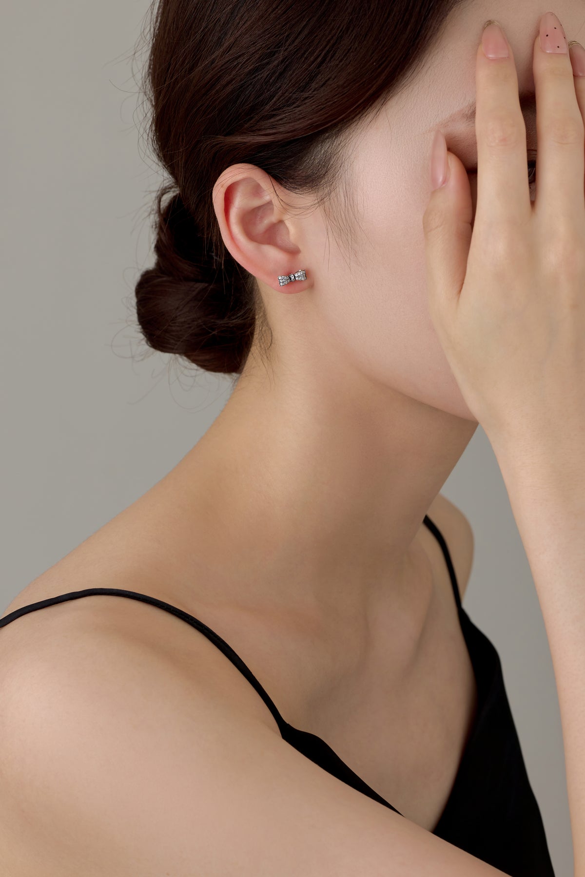 Antiqued Silver Bow Stud Earrings with CZ Pavé, view 5