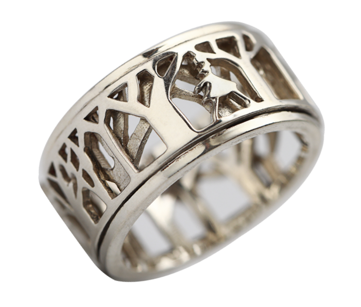 LADY IN NATURE SILVER MEDITATION SPINNER RING, FOREST CUTOUT DESIGN