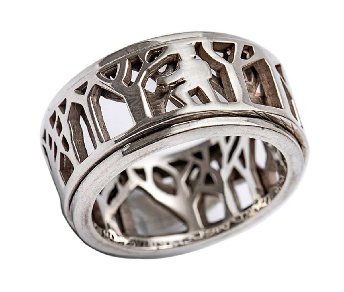MAN IN NATURE SILVER MEDITATION SPINNER RING, FOREST CUTOUT DESIGN