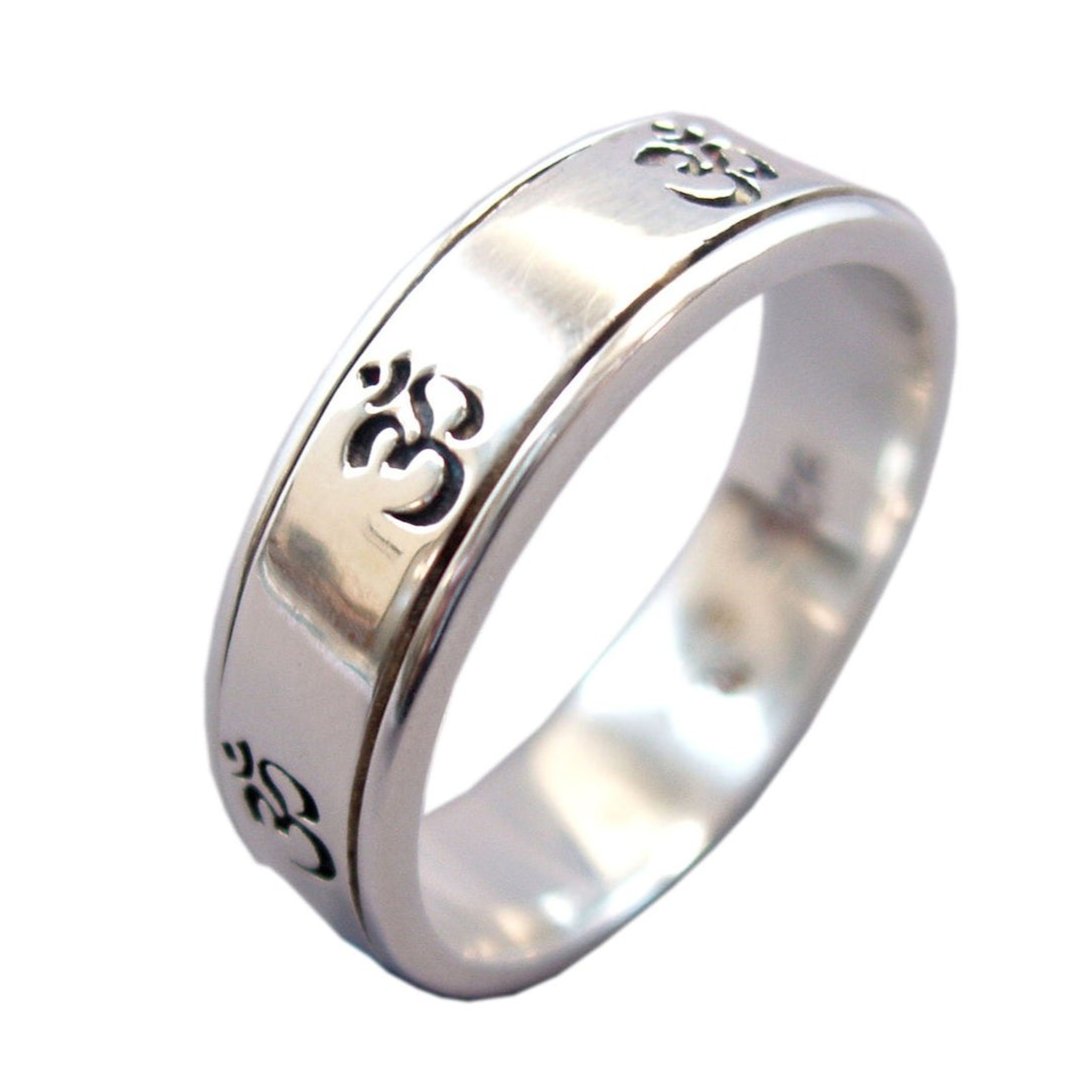 SEVEN OM SILVER MEDITATION SPINNER RING, NARROW BAND