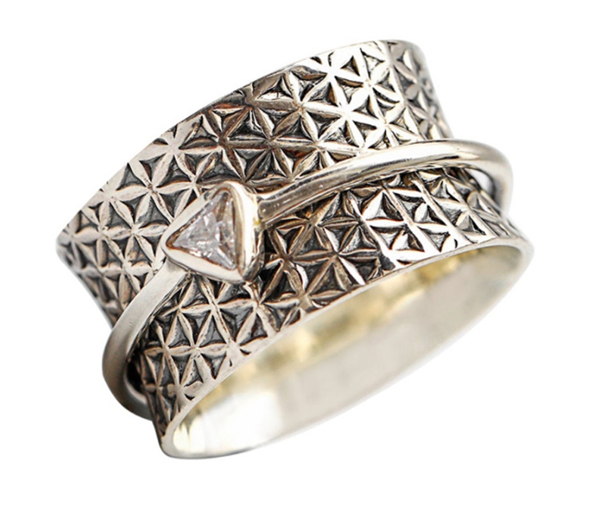 TRILLIAN SILVER MEDITATION SPINNER RING, GEOMETRIC TEXTURED BAND