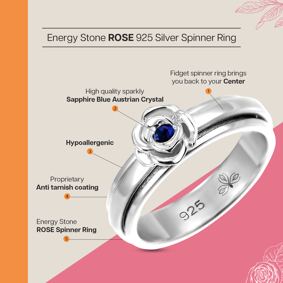 ROSE SAPPHIRE BLUE SILVER MEDITATION SPINNER RING