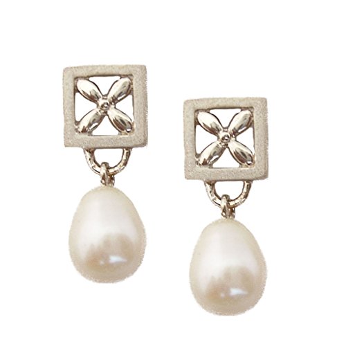 Flower Square And Teardrop Pearl Sterling Silver Earrings