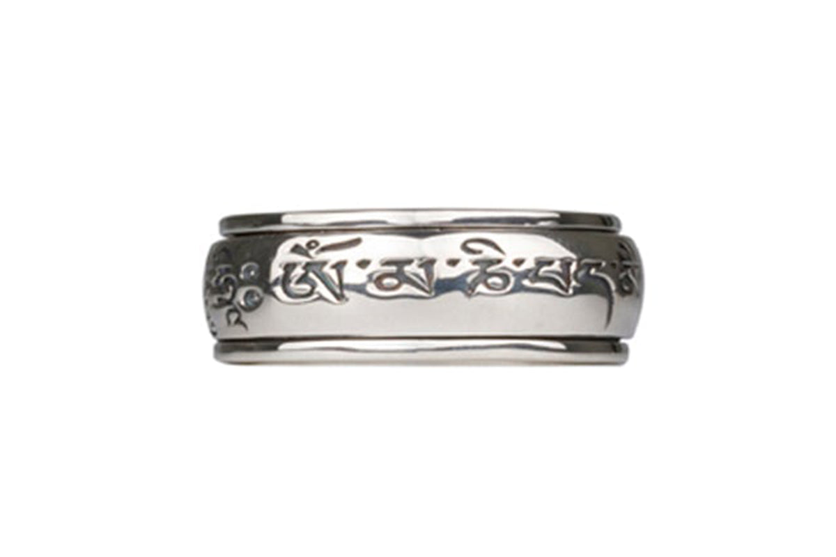 MANTRA SILVER MEDITATION SPINNER RING, OM MANI PADME HUM ENGRAVED