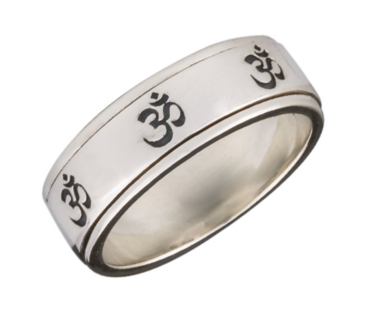 SEVEN OM SILVER MEDITATION SPINNER RING, NARROW BAND