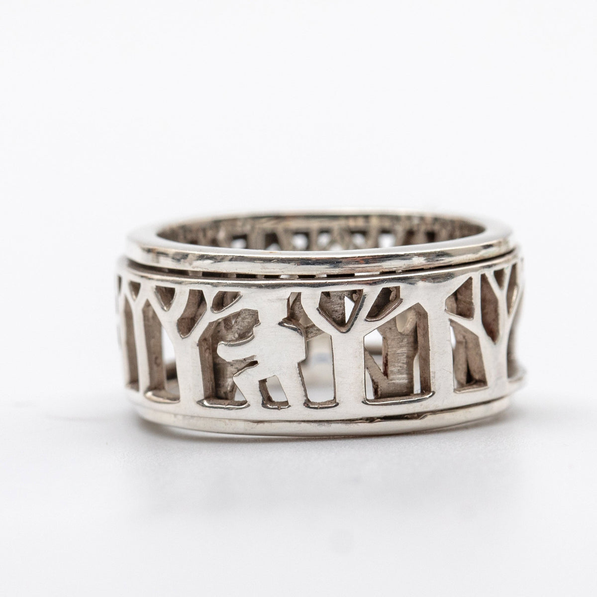 MAN IN NATURE SILVER MEDITATION SPINNER RING, FOREST CUTOUT DESIGN