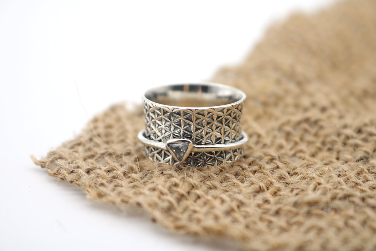 TRILLIAN SILVER MEDITATION SPINNER RING, GEOMETRIC TEXTURED BAND