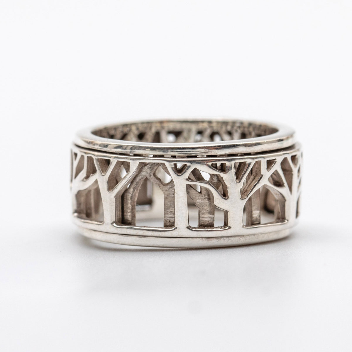 MAN IN NATURE SILVER MEDITATION SPINNER RING, FOREST CUTOUT DESIGN