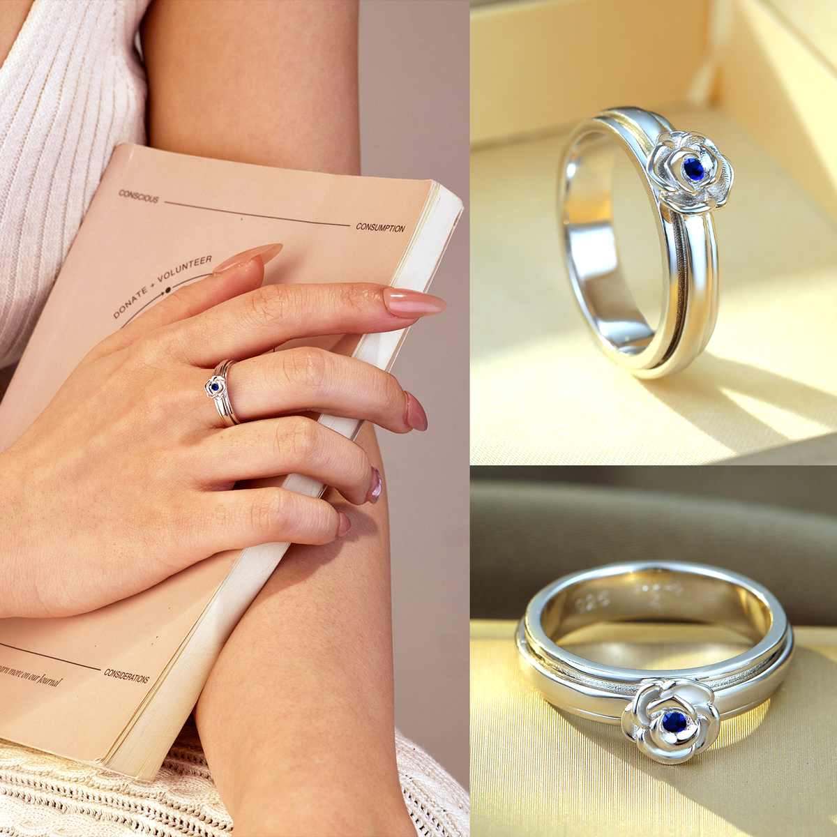 ROSE SAPPHIRE BLUE SILVER MEDITATION SPINNER RING