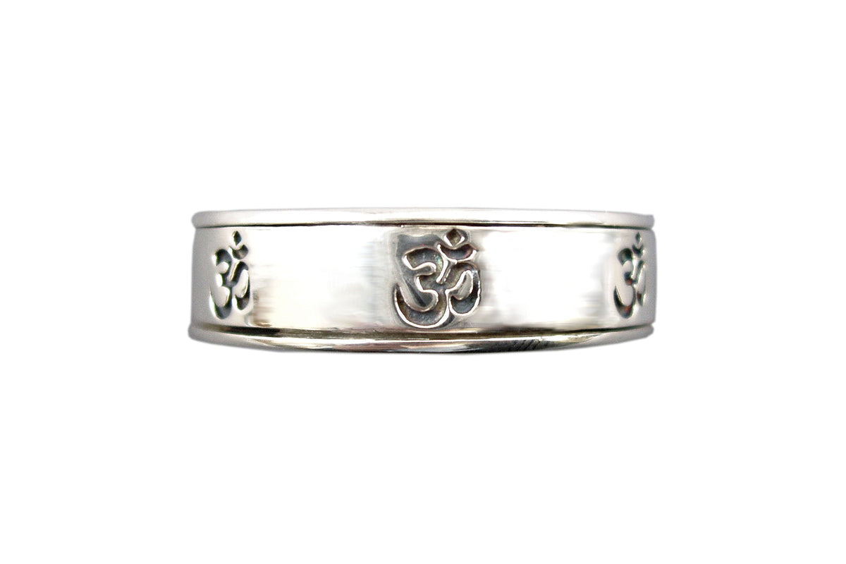 SEVEN OM SILVER MEDITATION SPINNER RING, NARROW BAND