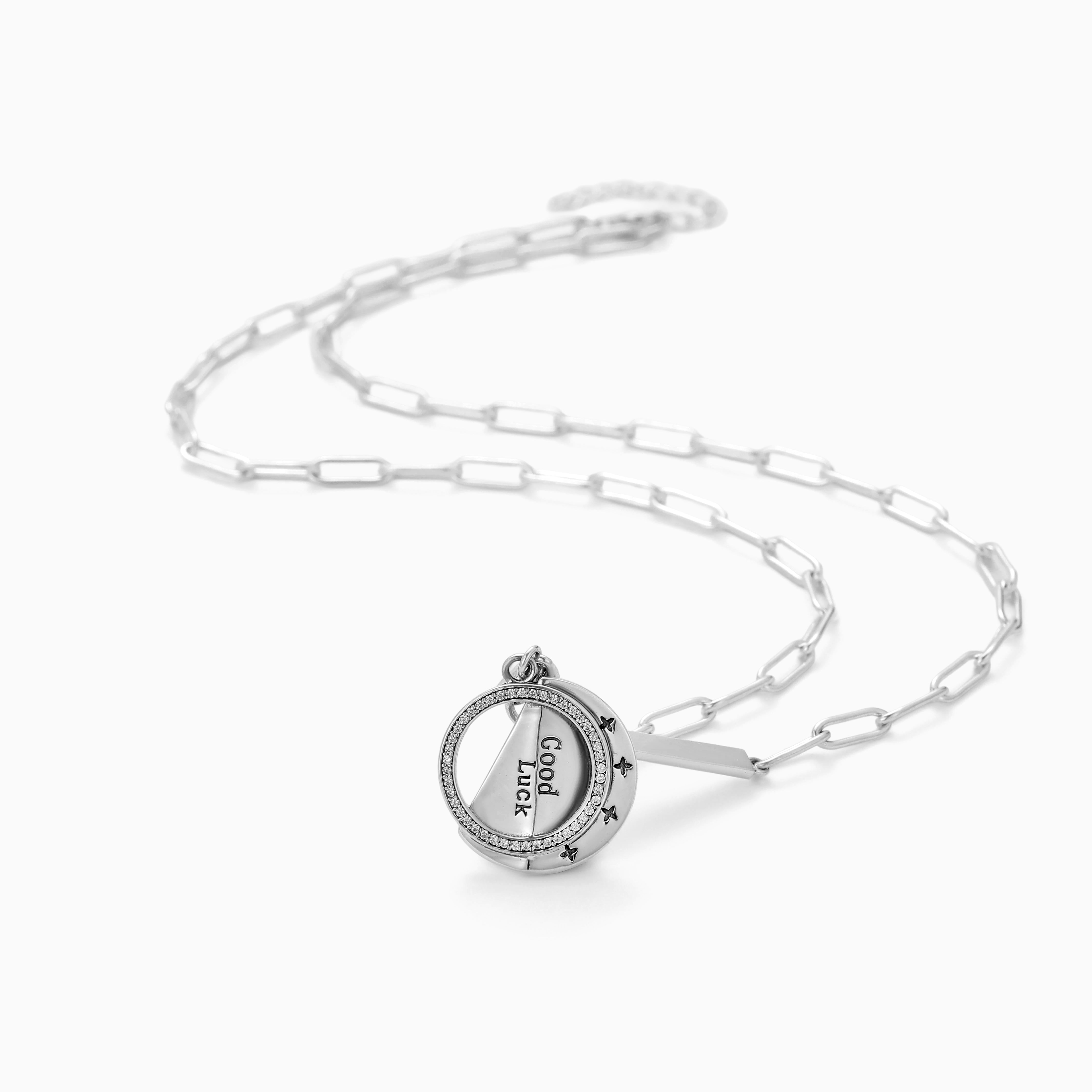 S925 SILVER GOOD LUCK LAYERED ROUND TAG CZ PAPERCLIP CHAIN NECKLACE
