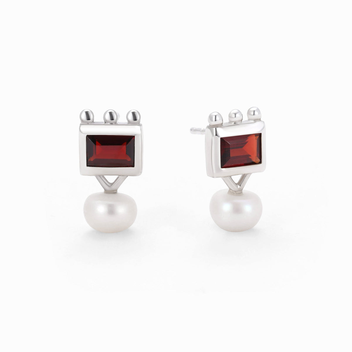 Baguette Garnet and Pearl Earrings, Sterling Silver
