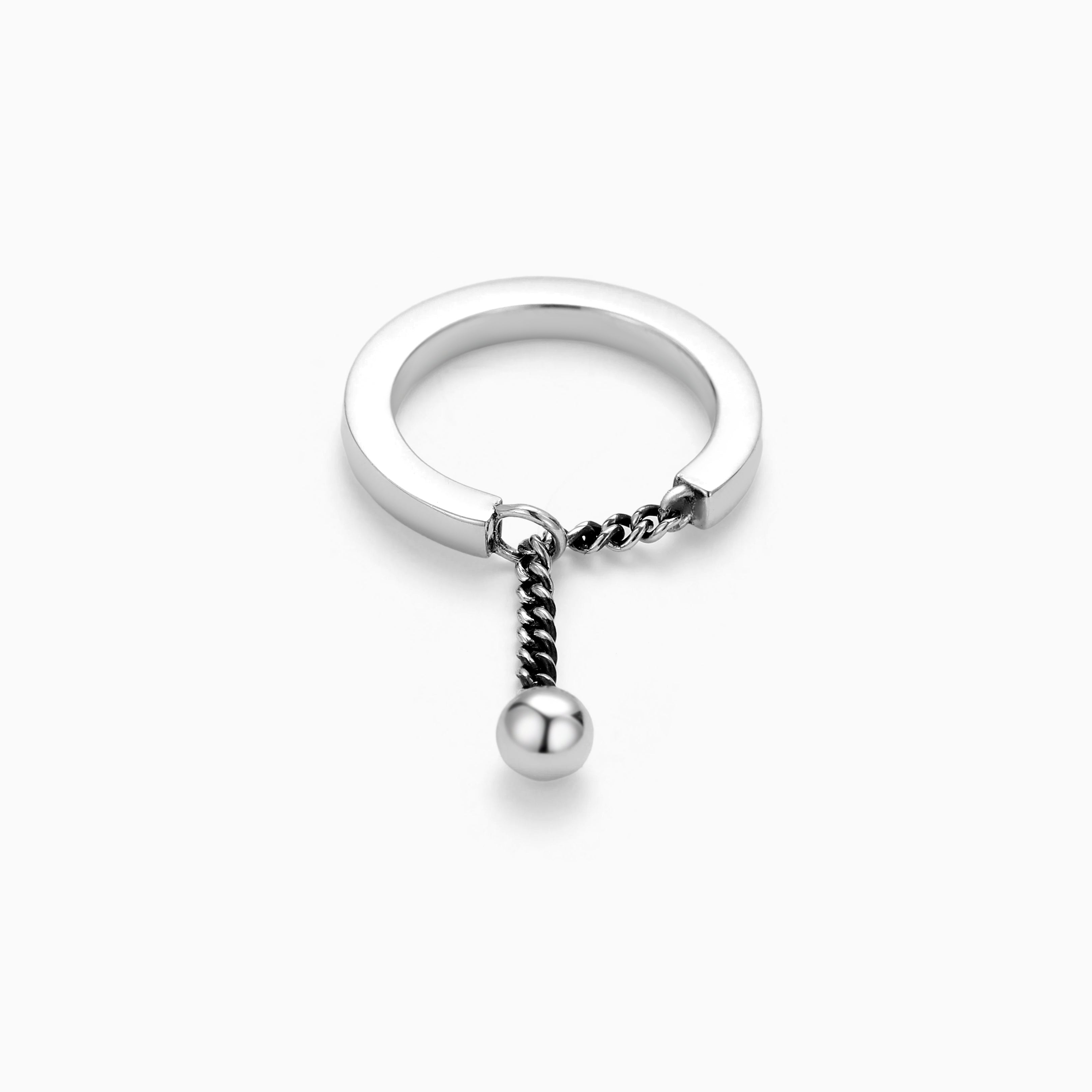 S925 SILVER POLISHED OPEN RING WITH TWISTED CHAIN BALL CHARM