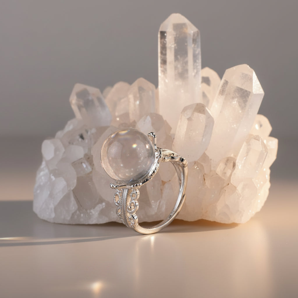 QUARTZ CRYSTAL BALL RING S925 LACE FILIGREE