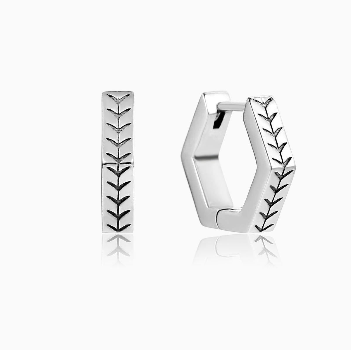 Hexagonal Huggie Hoop Earrings, Sterling Silver, view 4