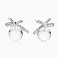 QUARTZ CRYSTAL BALL DROP EARRINGS WITH SPARKLING BOW