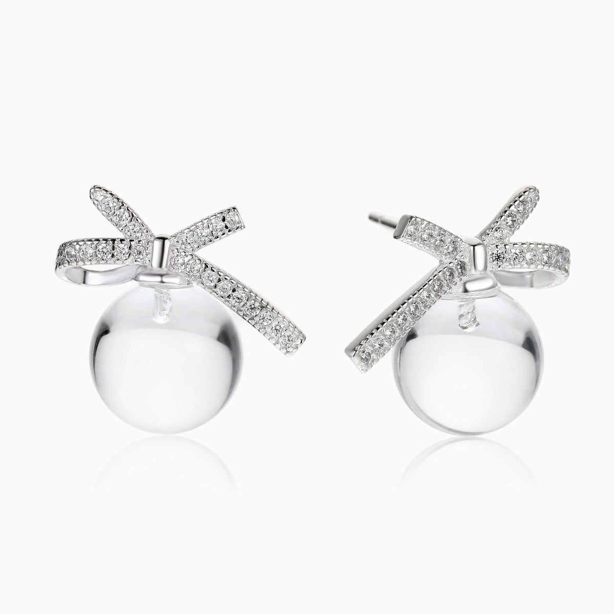 QUARTZ CRYSTAL BALL DROP EARRINGS WITH SPARKLING BOW