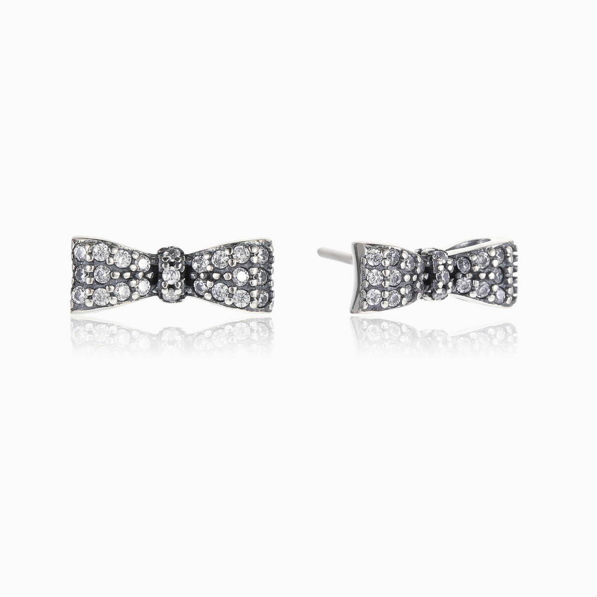 Antiqued Silver Bow Stud Earrings with CZ Pavé, view 3