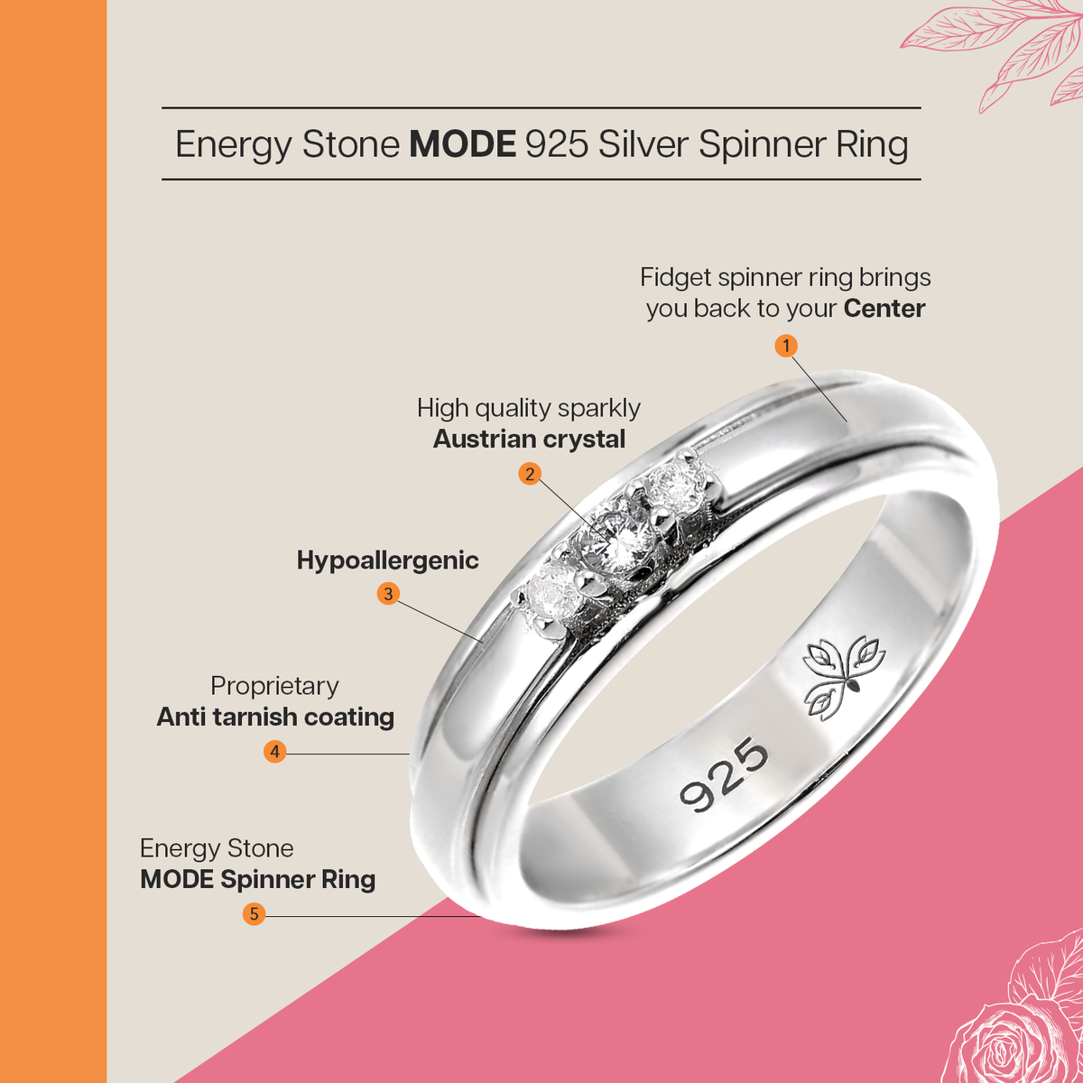 MODE SILVER MEDITATION SPINNER RING, CRYSTAL ACCENTS