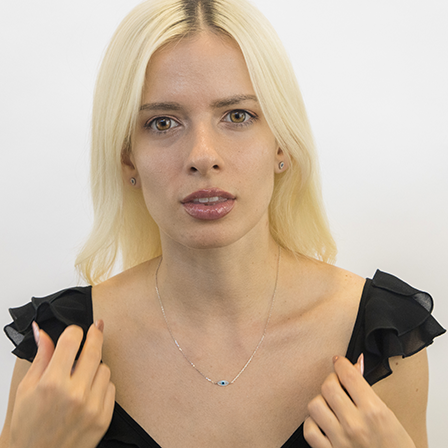 Evil eye protection necklace worn showing length